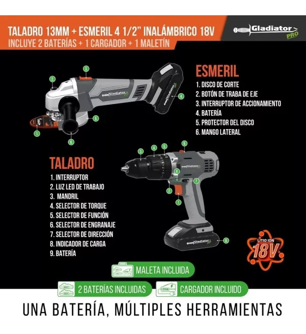 Kit Taladro Y Esmeril Inalambrico 18v 2bat 30ah + Maleta - Imagen 4