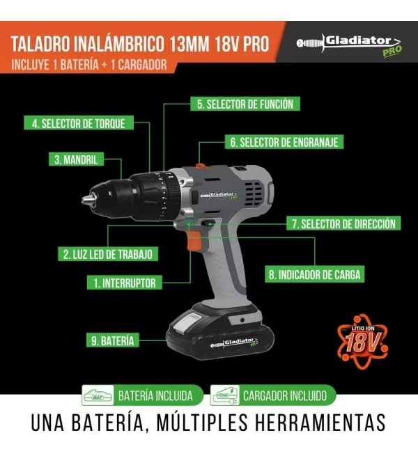 Taladro Inalambrico 18v 1bat Gladiator Tp813 - Imagen 8