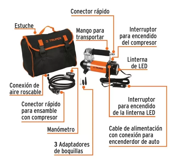 Mini Compresor Portatil Auto 12v Con Linterna Truper - Imagen 4