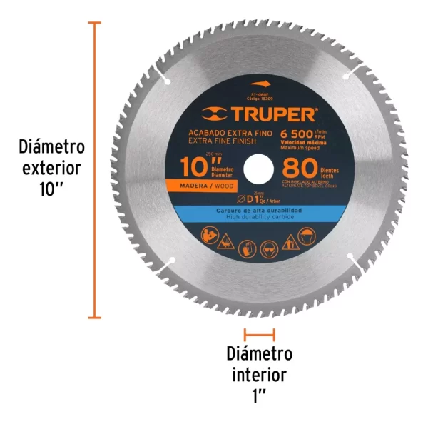 Disco Sierra Madera Alum 10' X 80 Dientes Centro 5/8 Truper - Imagen 2