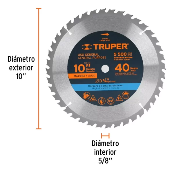 Disco Sierra Madera 10' X 40 Dientes Centro 5/8 Truper - Imagen 2