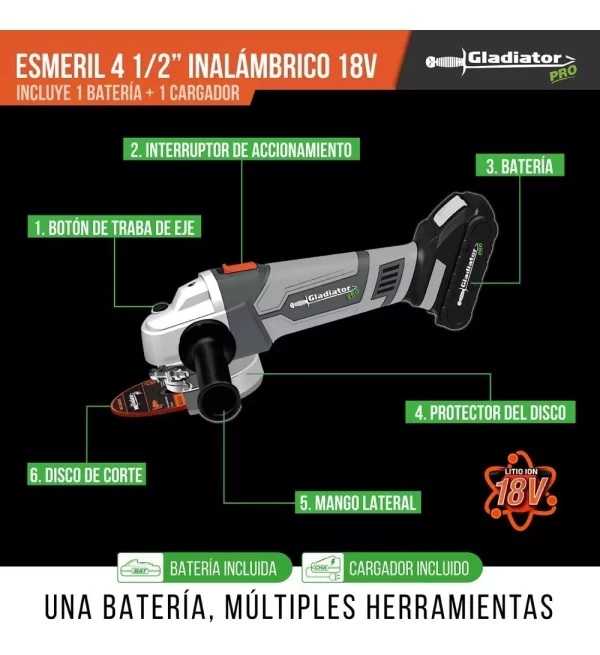 Esmeril Inalambrico 18v 1bat 30ah Gladiator - Imagen 4